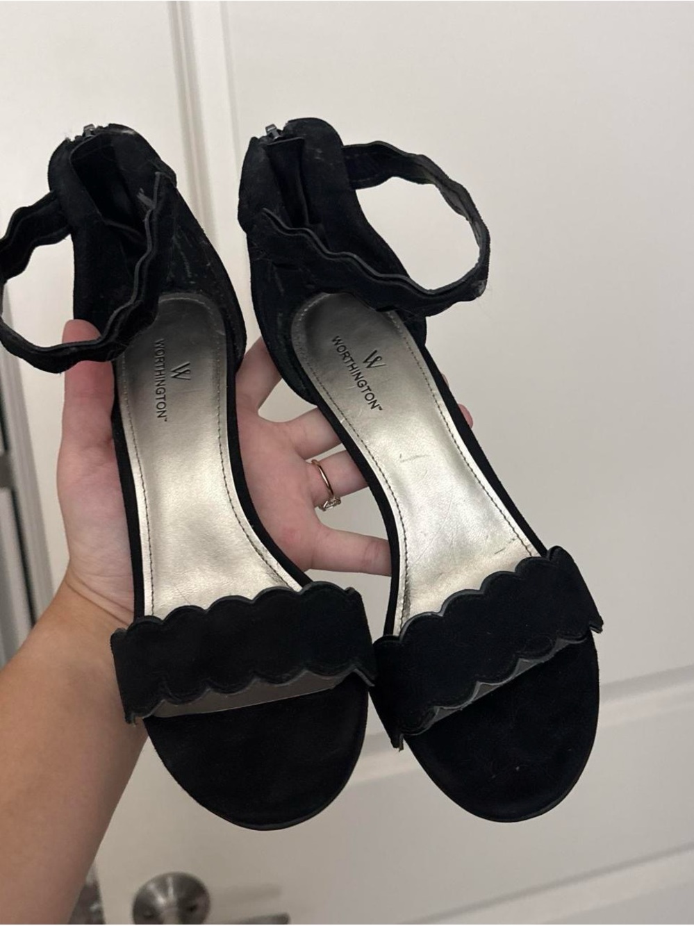 Worthington Black Scalloped Ankle-Strap Heels